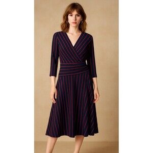 Lauren Ralph Lauren Women's Dress Navy Red Striped Wrap 8 Midi Stretch Career